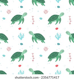 Seamless pattern with sea turtle. Vector illustration of Cute cartoon turtle. Kids illustration, cartoon style. Sea animal, sea creature. Flat design. Underwater life. Bohemian nursery print.