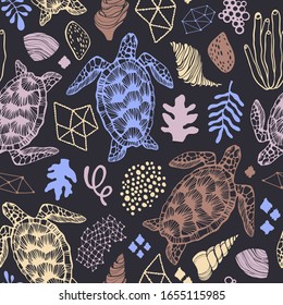 Seamless pattern with sea turtles.