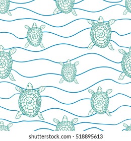 Seamless pattern with sea turtles, background for postcards, textiles, wallpaper