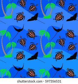seamless pattern from sea turtles and bat ray near palm tree on a blue waves background 