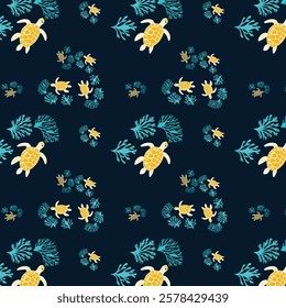 Seamless Pattern of Sea Turtles and Coral on Dark Background