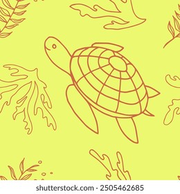 Seamless pattern with sea turtles and corals, underwater life, hand drawn. Vector seamless pattern. Suitable for textiles, covers, wall wallpaper, packaging, children's prints, etc.