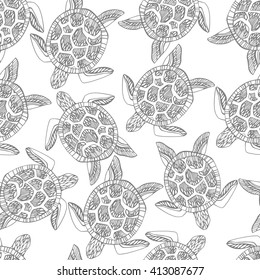 Seamless pattern with sea turtles with a grey stroke.