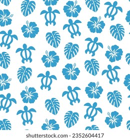 Seamless pattern of sea turtles, hibiscus, and monstera, image of Hawaii