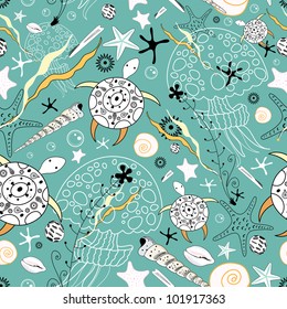 seamless pattern of sea turtles and jellyfish