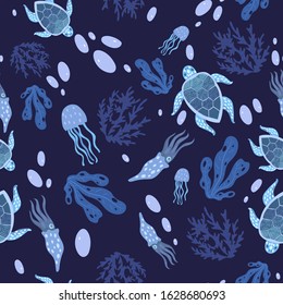 Seamless pattern with sea turtles, jellyfish, squid, seaweed. Vector graphics.