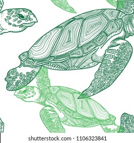 Seamless pattern with sea turtles. Marine life. Doodling, mandala pattern. Drawing by hand. Stylish background.