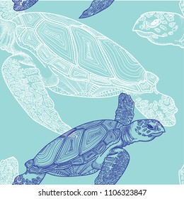 Seamless pattern with sea turtles. Marine life. Doodling, mandala pattern. Drawing by hand. Stylish background.