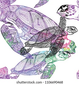 Seamless pattern with sea turtles. Marine life. Doodling, mandala pattern. Drawing by hand. Stylish background.