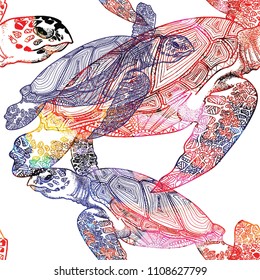 Seamless pattern with sea turtles. Marine life. Doodling, mandala pattern. Drawing by hand. Stylish background.