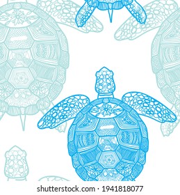 Seamless pattern with sea turtles. Marine life. Doodling, mandala pattern. Drawing by hand. Stylish background.