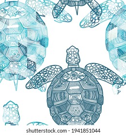 seamless pattern with sea turtles. Marine life. Doodling, mandala pattern. Drawing by hand. Stylish background.