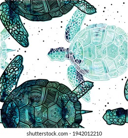 seamless pattern with sea turtles. Marine life. Doodling, mandala pattern. Drawing by hand. Stylish background. svg