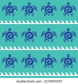 Seamless pattern with sea turtles. Marine life. Maori pattern. Stylish background. Blue and white.
