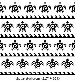 Seamless pattern with sea turtles. Marine life. Maori pattern. Stylish background. Black and white.