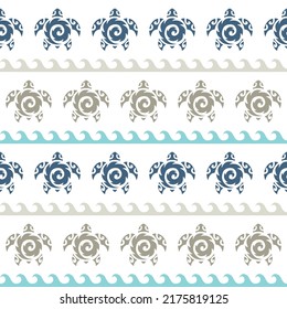 Seamless pattern with sea turtles. Marine life. Maori pattern. Stylish background. Blue and white.