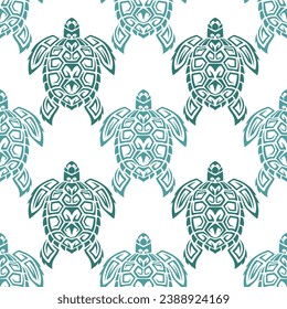 Seamless pattern with sea turtles. Marine life. Maori pattern. Stylish background. Blue and white.