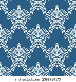 Seamless pattern with sea turtles. Marine life. Maori pattern. Stylish background. Blue and white.
