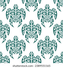 Seamless pattern with sea turtles. Marine life. Maori pattern. Stylish background. Blue and white.