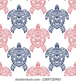 Seamless pattern with sea turtles. Marine life. Maori pattern. Stylish background. Blue and white.