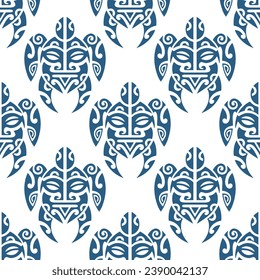 Seamless pattern with sea turtles. Marine life. Maori pattern. Stylish background. Blue and white.