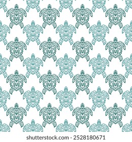 Seamless pattern with sea turtles. Marine life. Maori pattern. Stylish background. Blue and white.