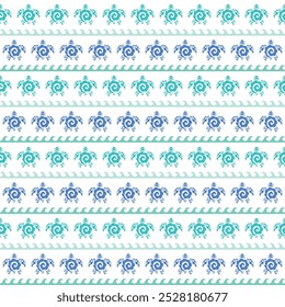 Seamless pattern with sea turtles. Marine life. Maori pattern. Stylish background. Blue and white.