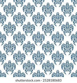 Seamless pattern with sea turtles. Marine life. Maori pattern. Stylish background. Blue and white.