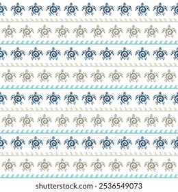 Seamless pattern with sea turtles. Marine life. Maori pattern. Stylish background. Blue and white.