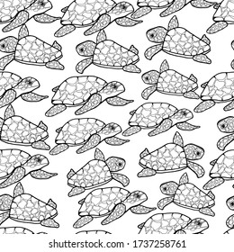 Patrón sin foco con tortugas marinas. Mamá y bebé. Relájese con antiestrés para niños y adultos. Habitantes del océano, animales con concha. Diseño de un libro, textil, papel pintado. Aislar en blanco. 