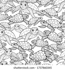 Seamless pattern with sea turtles. Mom and baby. Antistress for children and adults, relax. Inhabitants of the ocean, animals with shell. Design of a book, textile, wallpaper. Isolate on white. 