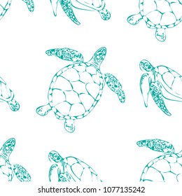 Seamless pattern of sea turtles on white background. Vector illustration