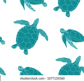 Seamless pattern of sea turtles on white background. Vector illustration