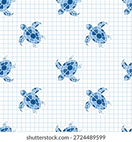 Seamless pattern with sea turtles on blue cell background