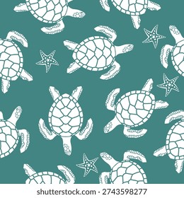 seamless pattern with sea turtles on blue background