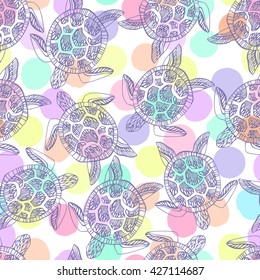 Seamless pattern with sea turtles on a polka dot background