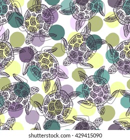 Seamless pattern with sea turtles on a polka dot background