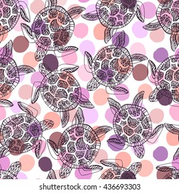 Seamless pattern with sea turtles on a polka dot background.