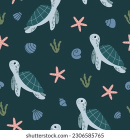 Seamless pattern with sea turtles, seashells and starfish. Flat vector illustration.