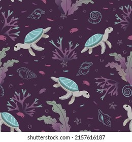 Seamless pattern with sea turtles, seaweeds and corals. Underwater life print