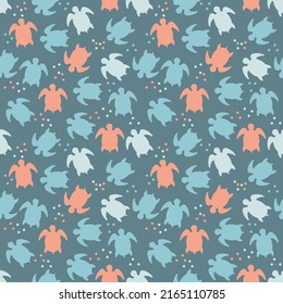 Seamless pattern with sea turtles. Stylized Vector illustration on blue. Animal ornament for fabric, wrapping or textile.