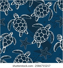 Seamless Pattern with Sea Turtles Underwater Life