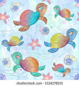 Seamless pattern with sea turtles. Vector. Watercolor.