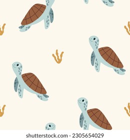 Seamless pattern with sea turtles. Vector flat illustration for kids fabric, textile, nursery wallpaper.