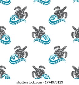 seamless pattern with sea turtles and waves on white background
