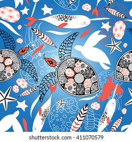 Seamless pattern with sea turtles and whales on a blue background