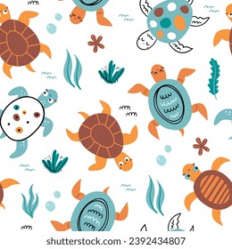 Seamless pattern with sea turtles. Seamless for wrapping paper, greeting cards and other. Can be used for wallpaper, textile, packaging.