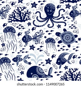 Seamless pattern with sea underwater animals. Cute cartoon jellyfish, octopus, starfish and turtles. Marine background for kids. Perfect for textile print, cloth design and fabric