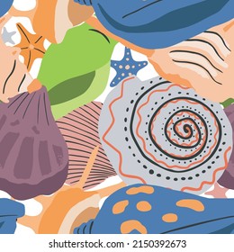 Seamless pattern with sea underwater shells. Seashells, undersea molluscs. Marine mollusks. Flat vector background