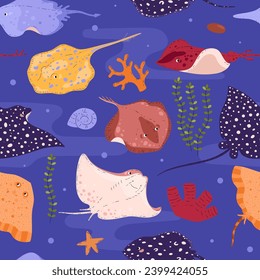 Seamless pattern with sea underwater with various stingrays fishes, algae and corals. Cartoon underwater sea animals. Vector illustration of exotic marine fauna and flora, wildlife nature